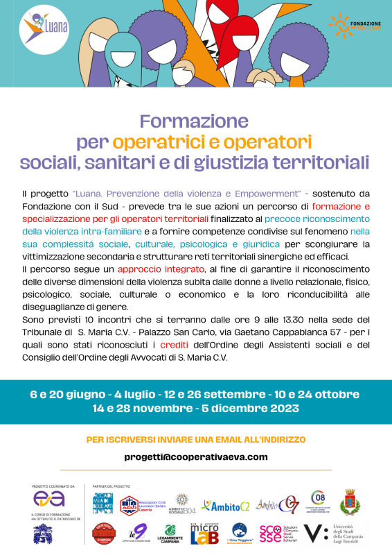 Locandina con la presentazione del corso di formazione organizzato dalla cooperativa EVAn nell'ambito del progetto Luana. Prevenzione della violenza e empowerment e illustrato da un disegno con sagome femminili stilizzate e colorate dell'illustratrice e autrice satirica Anarkikka.